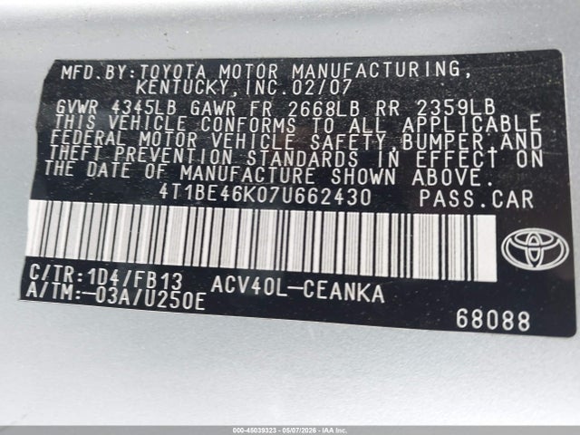 Продажа на аукционе авто 2007 Toyota Camry Ce, vin: 4T1BE46K07U662430, номер лота: 45039323