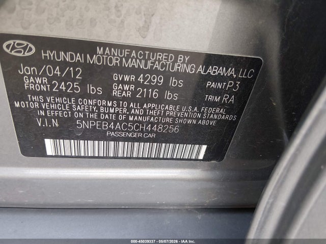 Продаж на аукціоні авто 2012 Hyundai Sonata Gls, vin: 5NPEB4AC5CH448256, номер лоту: 45039337
