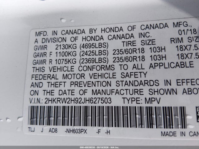 2HKRW2H92JH627503 Honda Cr-v Touring