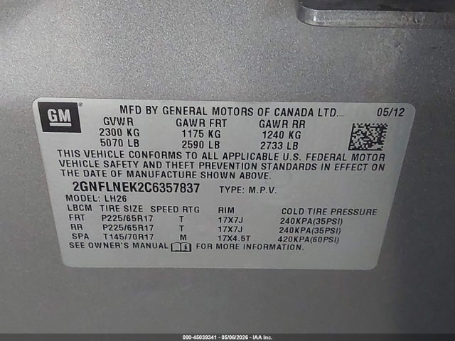 2012 Chevrolet Equinox 2lt მანქანა იყიდება აუქციონზე, vin: 2GNFLNEK2C6357837, აუქციონის ნომერი: 45039341