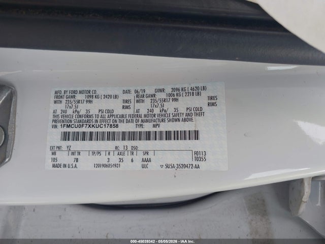 2019 Ford Escape S მანქანა იყიდება აუქციონზე, vin: 1FMCU0F7XKUC17858, აუქციონის ნომერი: 45039342