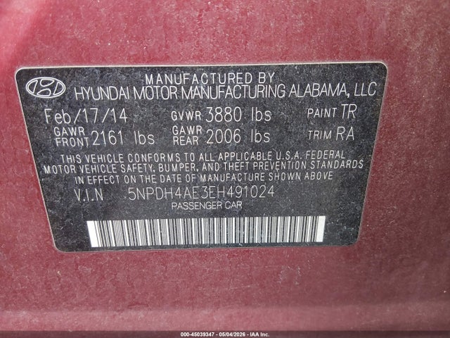 Hyundai Elantra Limited 2014 5NPDH4AE3EH491024 Image 9