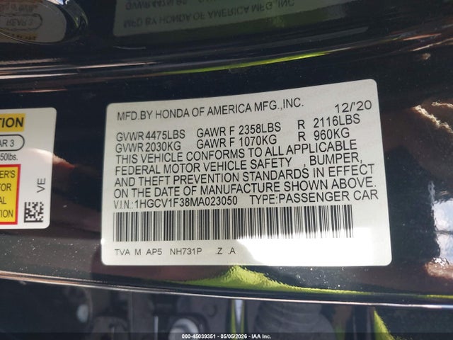 Aukcja sprzedaży 2021 Honda Accord Sport, vin: 1HGCV1F38MA023050, numer aukcji: 45039351