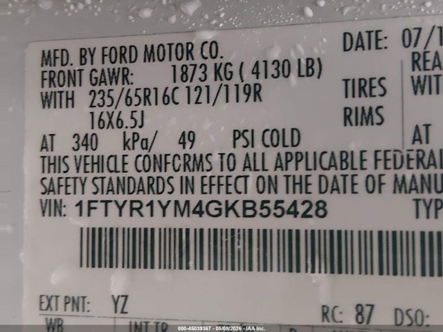 Продаж на аукціоні авто 2016 Ford Transit Base W/sliding Pass-side Cargo-door, vin: 1FTYR1YM4GKB55428, номер лоту: 45039367