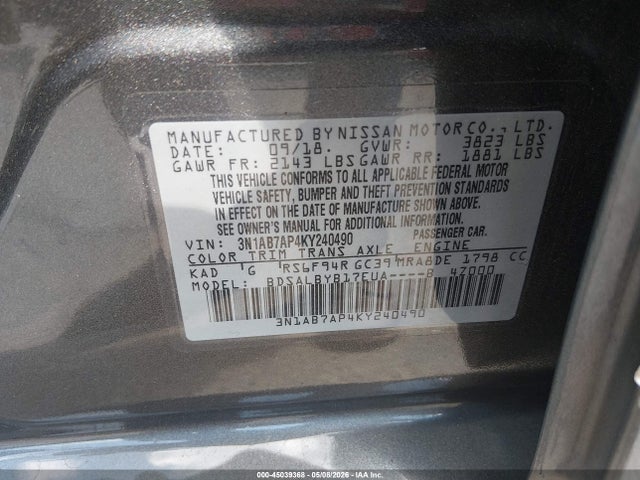 2019 Nissan Sentra S მანქანა იყიდება აუქციონზე, vin: 3N1AB7AP4KY240490, აუქციონის ნომერი: 45039368
