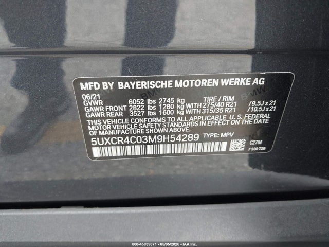 45039371 :رقم المزاد ، 5UXCR4C03M9H54289 vin ، 2021 Bmw X5 Sdrive40i مزاد بيع