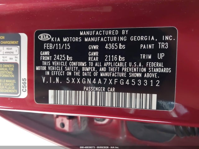 2015 Kia Optima Ex მანქანა იყიდება აუქციონზე, vin: 5XXGN4A7XFG453312, აუქციონის ნომერი: 45039373