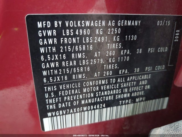 WVGBV7AX0FW094624 Volkswagen TIGUAN S