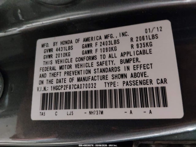 Aukcja sprzedaży 2012 Honda Accord 2.4 Ex-l, vin: 1HGCP2F87CA070032, numer aukcji: 45039376