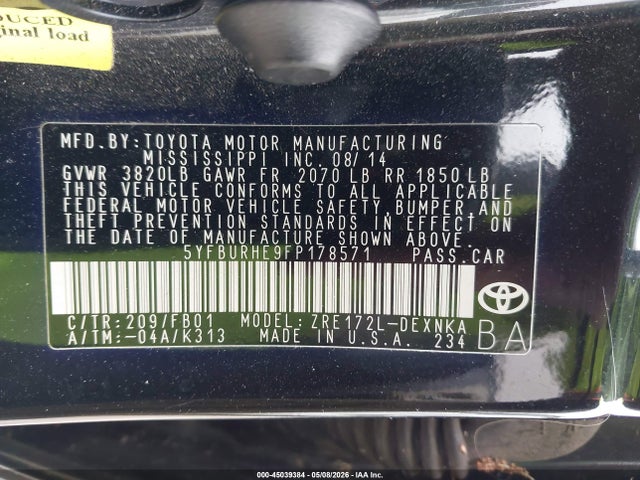 Aukcja sprzedaży 2015 Toyota Corolla Le, vin: 5YFBURHE9FP178571, numer aukcji: 45039384