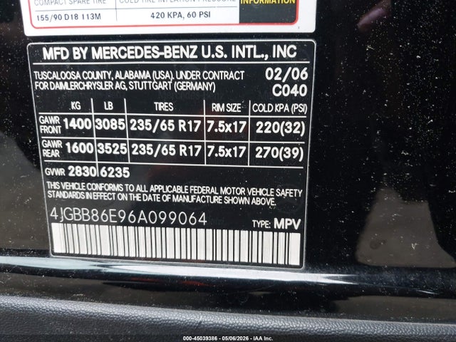 45039386 :رقم المزاد ، 4JGBB86E96A099064 vin ، 2006 Mercedes-benz Ml 350 4matic مزاد بيع