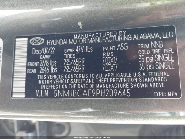 45039388 :رقم المزاد ، 5NMJBCAE9PH209645 vin ، 2023 Hyundai Tucson Sel مزاد بيع