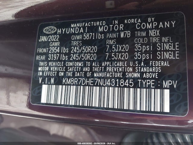 45039392 :رقم المزاد ، KM8R7DHE7NU431845 vin ، 2022 Hyundai Palisade Calligraphy مزاد بيع