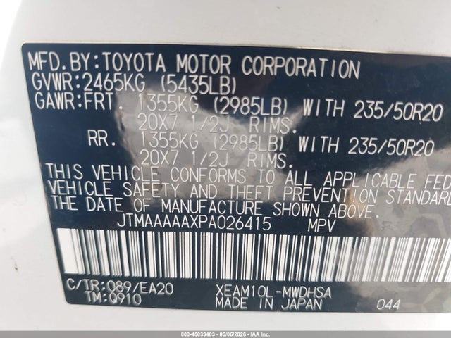 Aukcja sprzedaży 2023 Toyota Bz4x Limited, vin: JTMAAAAAXPA026415, numer aukcji: 45039403
