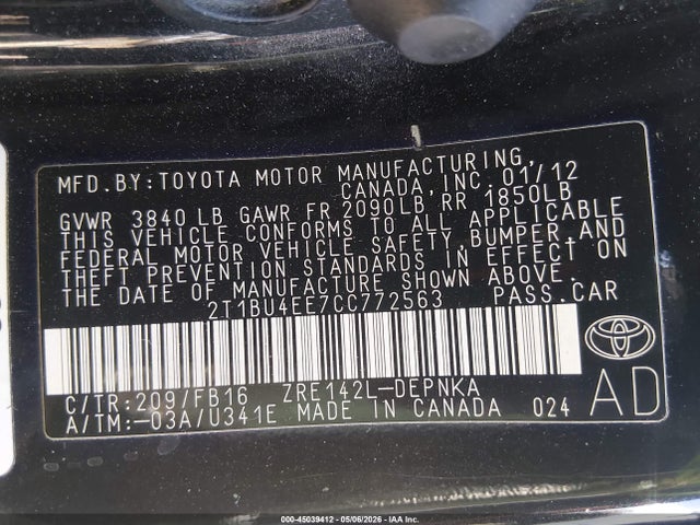 Aukcja sprzedaży 2012 Toyota Corolla Le, vin: 2T1BU4EE7CC772563, numer aukcji: 45039412