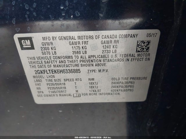 Продаж на аукціоні авто 2017 Gmc Terrain Sle-2, vin: 2GKFLTEK6H6336885, номер лоту: 45039415