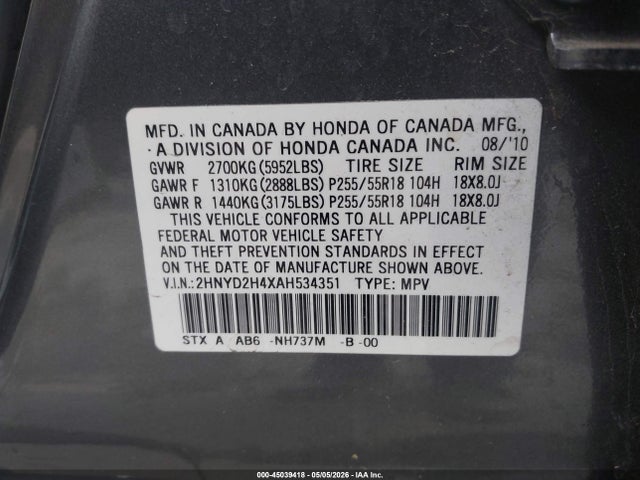 Aukcja sprzedaży 2010 Acura Mdx Technology Package, vin: 2HNYD2H4XAH534351, numer aukcji: 45039418