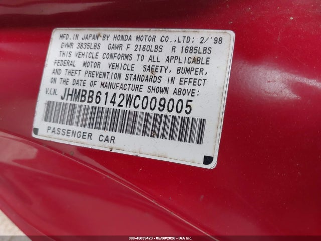 Продаж на аукціоні авто 1998 Honda Prelude, vin: JHMBB6142WC009005, номер лоту: 45039423