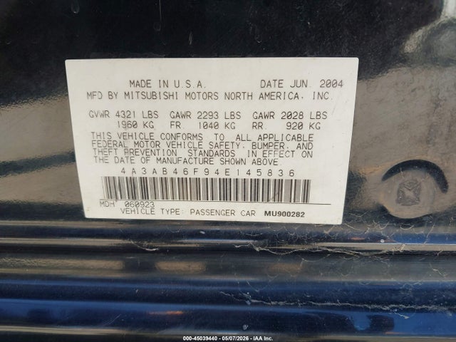 Aukcja sprzedaży 2004 Mitsubishi Galant Es, vin: 4A3AB46F94E145836, numer aukcji: 45039440