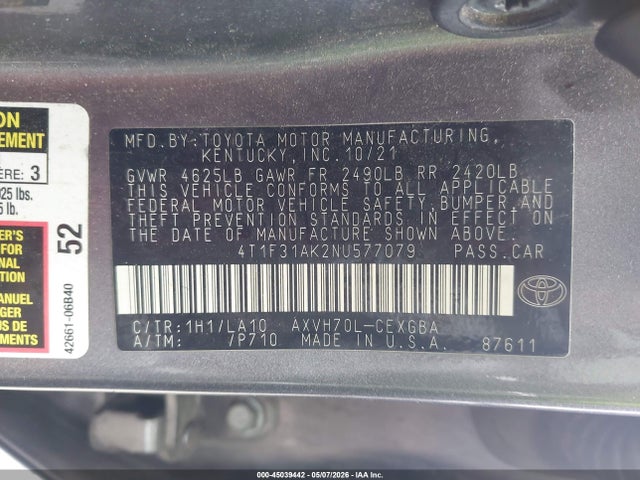 4T1F31AK2NU577079 Toyota Camry Xle Hybrid