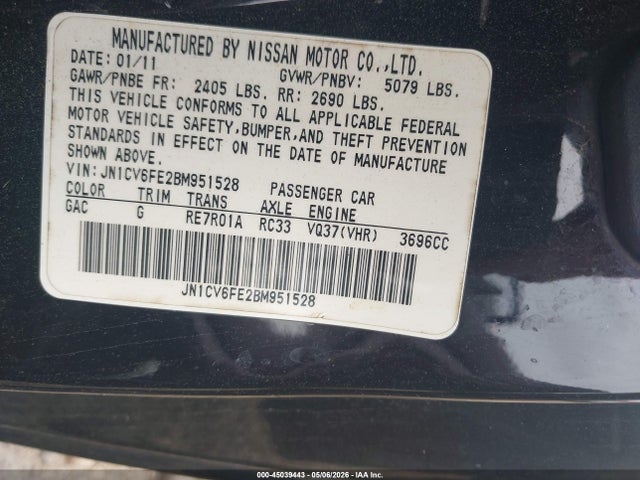 45039443 :رقم المزاد ، JN1CV6FE2BM951528 vin ، 2011 Infiniti G37 مزاد بيع