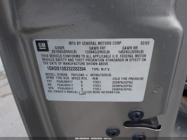 2003 Gmc Envoy Sle მანქანა იყიდება აუქციონზე, vin: 1GKDS13S232282394, აუქციონის ნომერი: 45039448