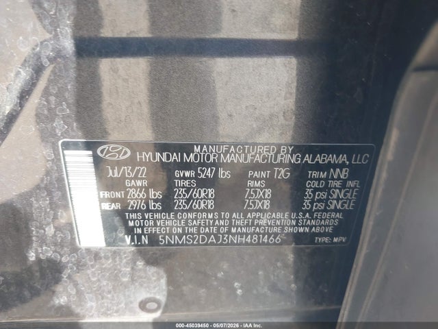 Aukcja sprzedaży 2022 Hyundai Santa Fe Sel, vin: 5NMS2DAJ3NH481466, numer aukcji: 45039450