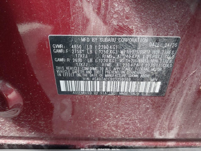 Auction sale of the 2025 Subaru Outback Premium, vin: 4S4BTACC9S3250300, lot number: 45039452