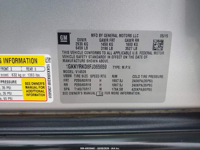 1GKKVRKD8FJ365659 GMC Acadia Slt-1
