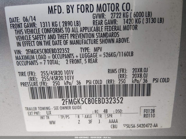 Продажа на аукционе авто 2014 Ford Flex Sel, vin: 2FMGK5C80EBD32352, номер лота: 45039462