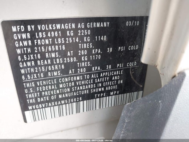 Aukcja sprzedaży 2010 Volkswagen Tiguan S, vin: WVGBV7AX6AW526626, numer aukcji: 45039488