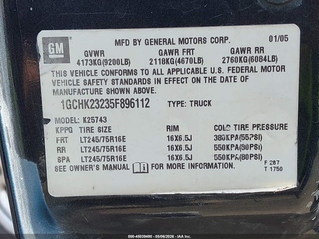 Aukcja sprzedaży 2005 Chevrolet Silverado 2500hd Ls, vin: 1GCHK23235F896112, numer aukcji: 45039490