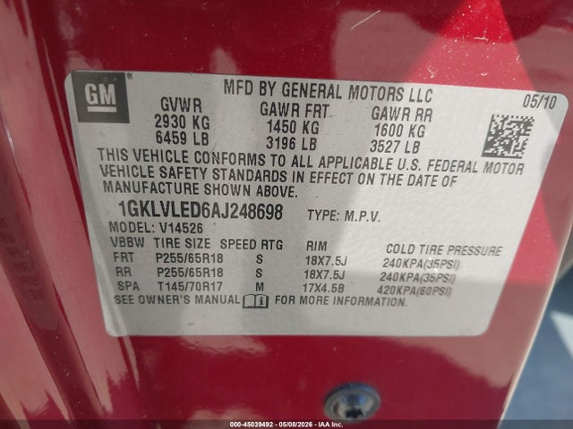 2010 Gmc Acadia Sle მანქანა იყიდება აუქციონზე, vin: 1GKLVLED6AJ248698, აუქციონის ნომერი: 45039492