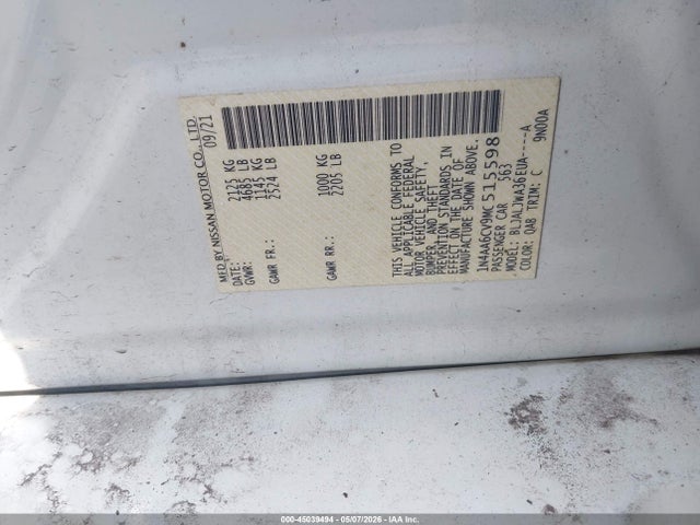 Продаж на аукціоні авто 2021 Nissan Maxima Sv Xtronic Cvt, vin: 1N4AA6CV9MC515598, номер лоту: 45039494