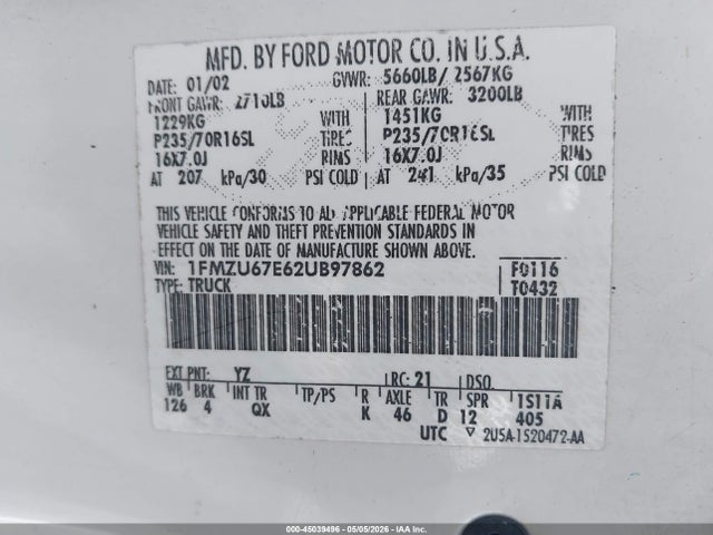 Aukcja sprzedaży 2002 Ford Explorer Sport Trac, vin: 1FMZU67E62UB97862, numer aukcji: 45039496