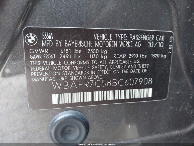 45039506 :رقم المزاد ، WBAFR7C58BC607908 vin ، 2011 Bmw 535i مزاد بيع