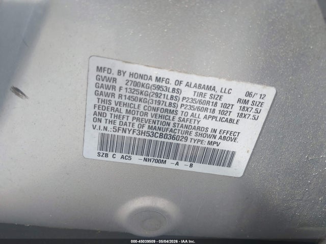 Aukcja sprzedaży 2012 Honda Pilot Ex-l, vin: 5FNYF3H53CB036029, numer aukcji: 45039509