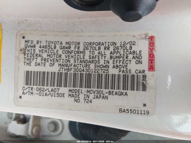 Продаж на аукціоні авто 2003 Lexus Es 300, vin: JTHBF30G430122725, номер лоту: 45039514