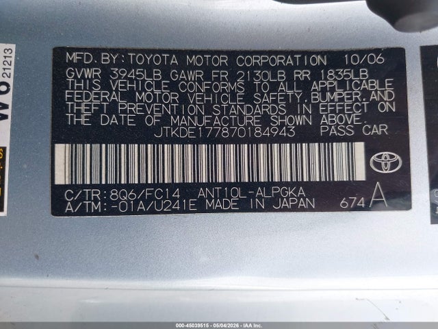 Auction sale of the 2007 Scion Tc, vin: JTKDE177870184943, lot number: 45039515