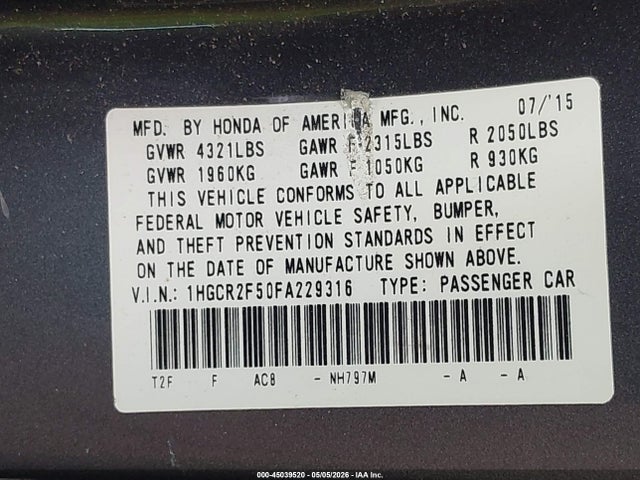 45039520 :رقم المزاد ، 1HGCR2F50FA229316 vin ، 2015 Honda Accord Sport مزاد بيع