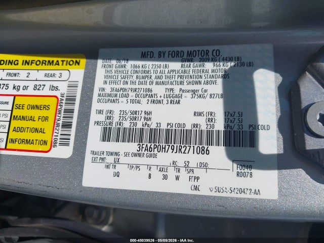 Aukcja sprzedaży 2018 Ford Fusion Se, vin: 3FA6P0H79JR271086, numer aukcji: 45039526