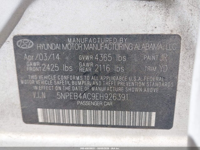 2014 Hyundai Sonata Gls მანქანა იყიდება აუქციონზე, vin: 5NPEB4AC9EH926391, აუქციონის ნომერი: 45039531
