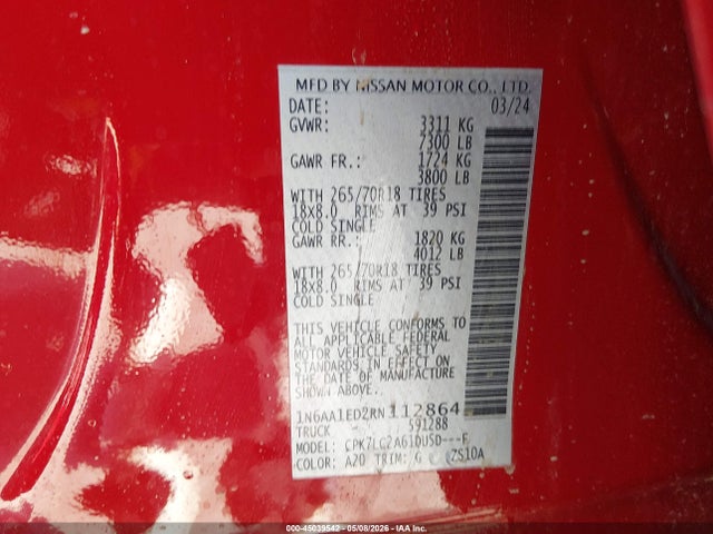2024 Nissan Titan Sv 4x4 მანქანა იყიდება აუქციონზე, vin: 1N6AA1ED2RN112864, აუქციონის ნომერი: 45039542