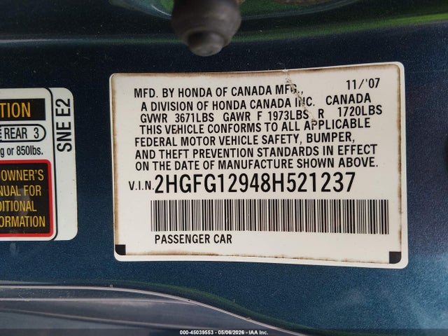 Продажа на аукционе авто 2008 Honda Civic Ex-l, vin: 2HGFG12948H521237, номер лота: 45039553