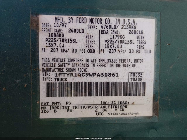 45039558 :رقم المزاد ، 1FTYR14C9WPA30861 vin ، 1998 Ford Ranger Xl/xlt مزاد بيع
