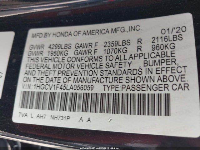 45039563 :رقم المزاد ، 1HGCV1F45LA056059 vin ، 2020 Honda Accord Ex مزاد بيع