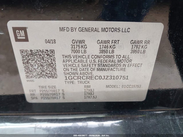 45039577 :رقم المزاد ، 1GCRCREC0JZ310751 vin ، 2018 Chevrolet Silverado 1500 1lt مزاد بيع