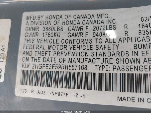 2024 Honda Civic Sport მანქანა იყიდება აუქციონზე, vin: 2HGFE2F59RH557168, აუქციონის ნომერი: 45039580
