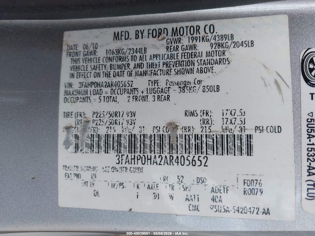 Aukcja sprzedaży 2010 Ford Fusion Se, vin: 3FAHP0HA2AR405652, numer aukcji: 45039581