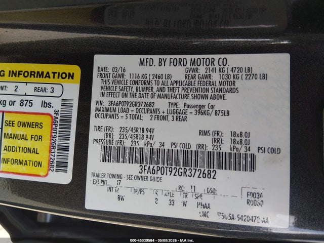 2016 Ford Fusion Se მანქანა იყიდება აუქციონზე, vin: 3FA6P0T92GR372682, აუქციონის ნომერი: 45039584